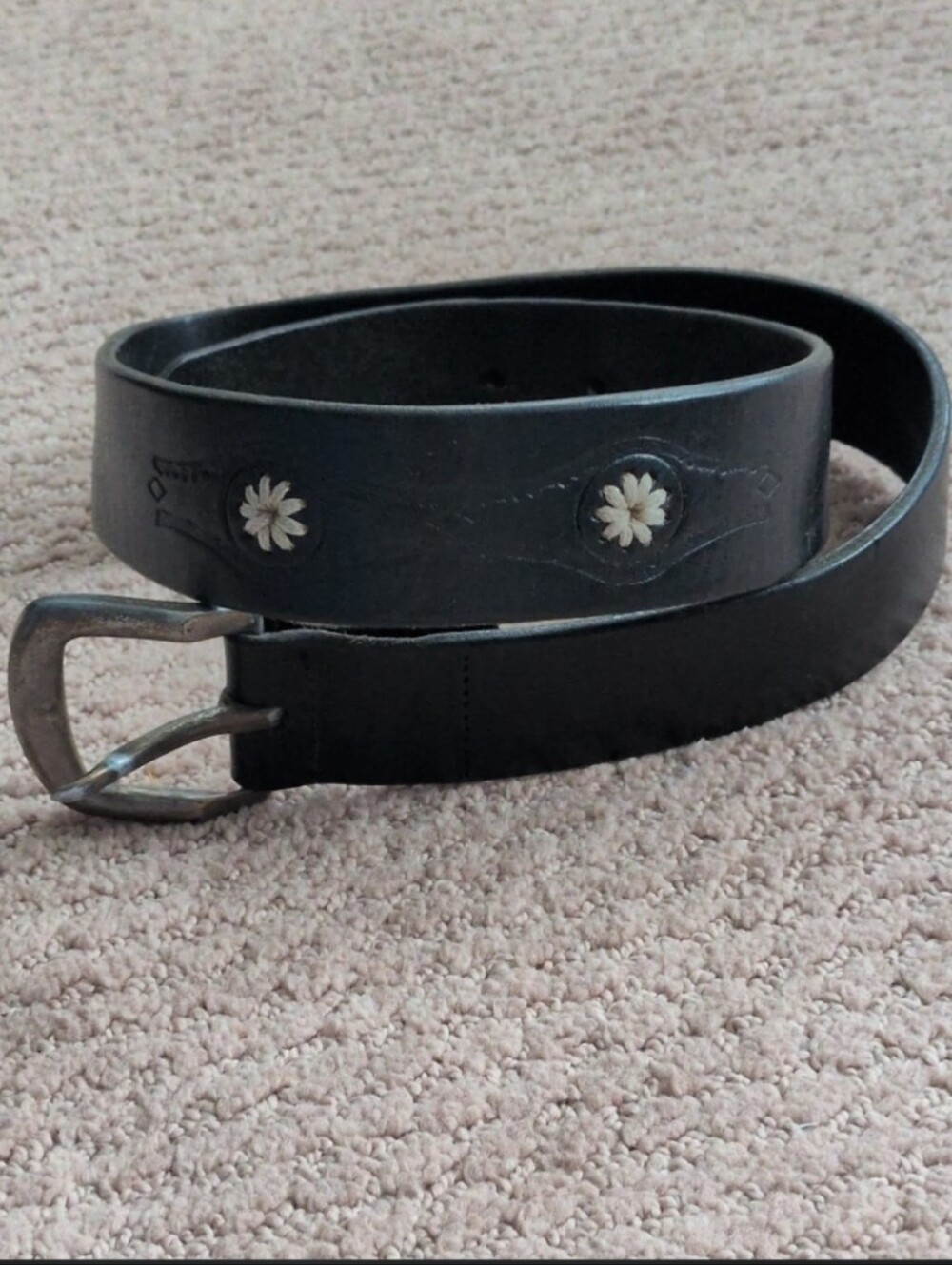 Genuine Black Leather Western Belt with Embroidered Floral Inla Size S 26-28